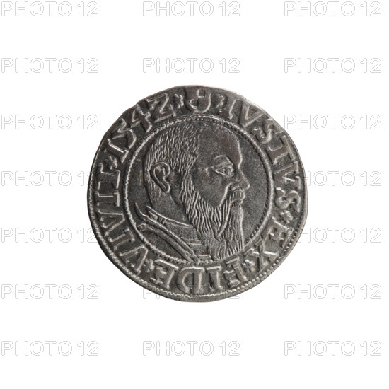 grosz, Straub (Strawb), Heinrich, R0 (rarity), Albrecht Hohenzollern (Prince of Prussia; 1490–1568) — iconography: eagles, Hohenzollern coat of arms, male busts in armor. Obv.: Prussian eagle; on his chest the crowned letter S; in the rim between pearl-shaped borders an inscription beginning with a trefoil ALBER*D*G*MAR*BRAN*DVX*PRVSS. Rev.: Male bust in armor in profile turned to the right; short hair, long beard with sideburns, dividing the inner border; in the rim between the pearl-shaped borders an inscription beginning with the Hohenzollern shield *IVSTVS*EX*FIDE*VIVIT*I54Z*; date 1542. Duchy of Prussia (1525–1701), mint: Königsberg. Coin: diameter 23.3 mm, weight 1.94 g, axis 220°.