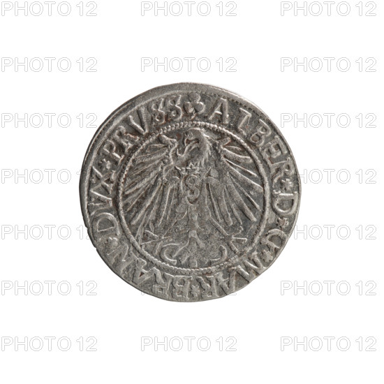 grosz, Straub (Strawb), Heinrich, R0 (rarity). Albrecht Hohenzollern (Prince of Prussia; 1490–1568) — iconography: eagles, Hohenzollern coat of arms, male busts in armor. Obv.: Prussian eagle, on its chest the crowned letter S. In the rim, between the pearl-shaped borders, an inscription beginning with a trefoil: ALBER*D*G*MAR*BRAN*DVX*PRVSS. Rev.: Male bust in armor in profile turned to the right; short hair, long beard with sideburns, dividing the inner border. In the rim, between the pearl-shaped borders, an inscription beginning with the Hohenzollern shield: *IVSTVS*EX*FIDE*VIVIT*I54Z*. Date: 1542. Place: Ducal Prussia (1525–1701), Königsberg. Coin: diameter 23.7 mm, weight 1.97 g, axis 45°.