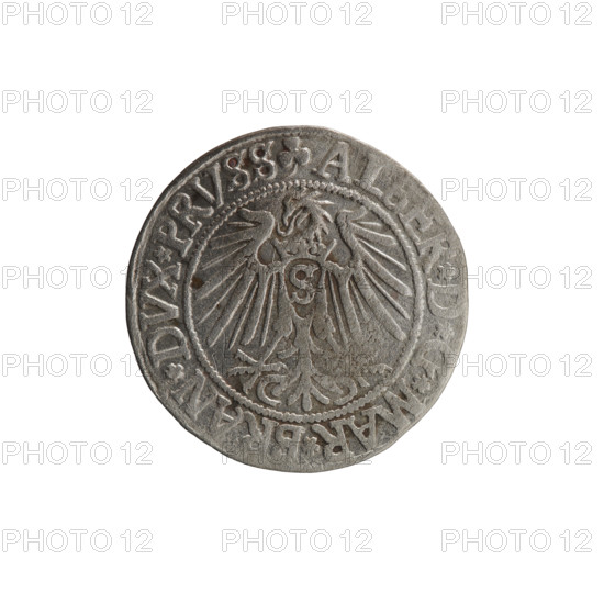 grosz, Straub (Strawb), Heinrich, R0 (rarity), Albrecht Hohenzollern (Prince of Prussia; 1490–1568) — iconography, eagles, Hohenzollern (coat of arms), male busts in armor. Obv.: Prussian eagle, on his chest the crowned letter S; in the rim, between the pearl-shaped borders, an inscription beginning with a trefoil ALBER*D*G*MAR*BRAN*DVX*PRVSS. Rev.: Male bust in armor in profile turned to the right; short hair, long beard with sideburns, dividing the inner border; in the rim, between the pearl-shaped borders, an inscription beginning with the Hohenzollern shield *IVSTVS*EX*FIDE*VIVIT*I54Z*. 1542; Ducal Prussia (1525–1701), Königsberg; coin: diameter 23.6 mm, weight 1.72 g, axis 225°.