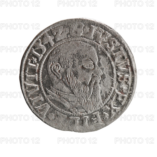 grosz, Straub (Strawb), Heinrich, R0 (rarity), Hohenzollern (coat of arms), male busts in armor, Albrecht Hohenzollern (Prince of Prussia; 1490–1568) - iconography, eagles. Obverse: Prussian eagle, on its chest the crowned letter S; in rim between pearl-shaped borders an inscription beginning with a trefoil: LBER*D*G*MAR*B *DVX*PRVSS. Reverse: male bust in armor in profile turned to the right; short hair, long beard with sideburns, dividing the inner border; in rim between pearl-shaped borders an inscription beginning with the Hohenzollern shield: STVS*EX* VIVIT*I54Z*; 1542. Ducal Prussia (1525–1701). Coin: diameter 24.0 mm, weight 1.94 g, axis 160 degrees.