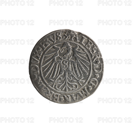 Obverse: Prussian eagle; on its chest the crowned letter S. In the rim, between pearl-shaped borders, an inscription beginning with a trefoil ALBER*D*G*MAR*BR, DVX*PRVSS. Reverse: male bust in armor in profile turned to the right; short hair, long beard with sideburns. In the rim, between pearl-shaped borders, an inscription beginning with the Hohenzollern shield *IVSTVS*EX*, DE*VIVIT*I54Z*. Maker: Heinrich Straub (grosz, Straub (Strawb)). Subject: Albrecht Hohenzollern (Prince of Prussia; 1490–1568) — iconography. Date: 1542. Place: Ducal Prussia, Königsberg. Type: coin; diameter 23.2 mm; weight 1.88 g; axis 315°. Rarity: R0. Coat of arms: Hohenzollern.