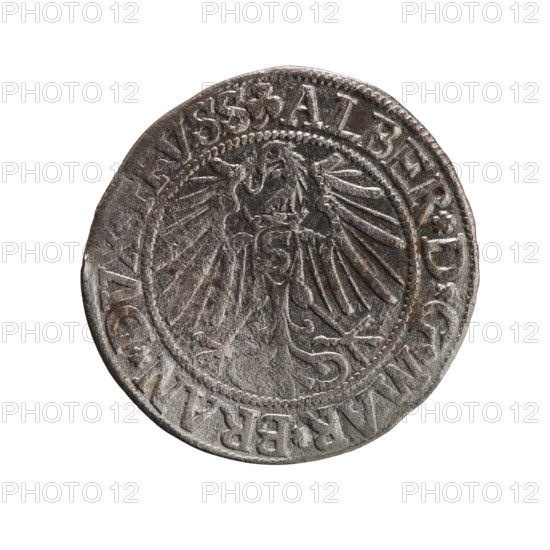 grosz, Straub (Strawb), Heinrich, R0 (rarity), Albrecht Hohenzollern (Prince of Prussia; 1490–1568) — iconography: Hohenzollern coat of arms, male busts in armor, eagles. Obverse: Prussian eagle with crowned letter S on its chest; rim inscription beginning with a trefoil ALBER*D*G*MAR*BRAN*DV. Reverse: male bust in armor in profile to the right; short hair, long beard with sideburns, dividing the inner border; rim inscription beginning with the Hohenzollern shield *IVSTVS*EX*FIDE*VIVIT*I54Z*; dated 1542. Ducal Prussia (1525–1701), Königsberg; coin: diameter 23.4 mm, weight 1.85 g, axis 20°.