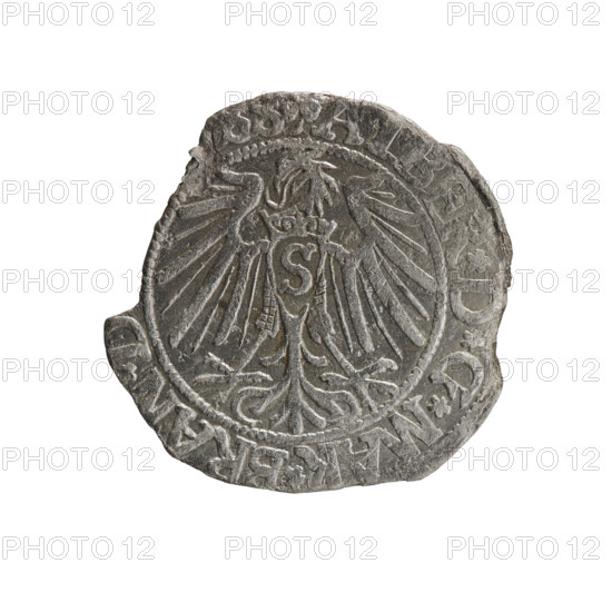 grosz, Straub (Strawb), Heinrich, R0 (rarity), Albrecht Hohenzollern (Prince of Prussia; 1490–1568) - iconography, Hohenzollern (coat of arms), male busts in armor, eagles. Obv.: Prussian eagle, on its chest the crowned letter S; in the rim, between the pearl-shaped borders, an inscription beginning with a trefoil ALBER*D*G*MAR*BRAN*. Rv.: male bust in armor in profile turned to the right; short hair, long beard with sideburns, dividing the inner border; in the rim, between the pearl-shaped borders, an inscription beginning with the Hohenzollern shield *IVSTV, X*FID, *I54Z*. 1542. Ducal Prussia (1525–1701), Königsberg. Coin: diameter 22.0 mm, weight 1.35 g, axis 190°