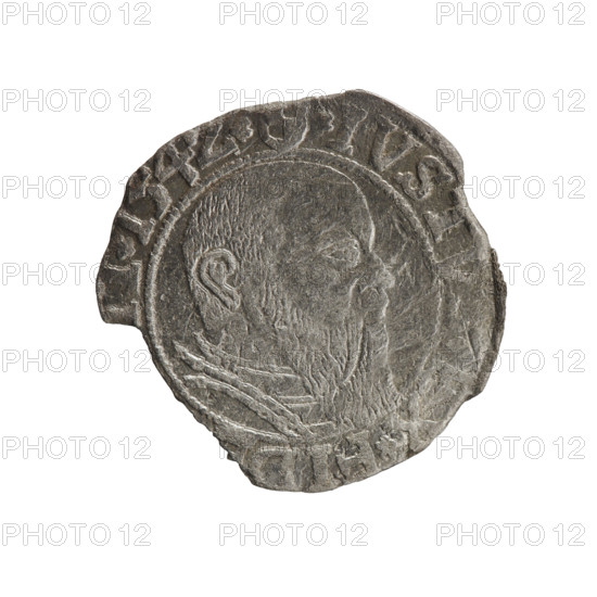 grosz, Straub (Strawb), Heinrich, R0 (rarity), Albrecht Hohenzollern (Prince of Prussia; 1490–1568) — iconography: Hohenzollern coat of arms, male busts in armor, eagles. Obverse: Prussian eagle with crowned letter S on its chest; rim between pearl-shaped borders with inscription beginning with a trefoil ALBER*D*G*MAR*BRAN*. Reverse: male bust in armor in profile turned right; short hair, long beard with sideburns, inner border divided; rim between pearl-shaped borders with inscription beginning with the Hohenzollern shield *IVSTV, X*FID, *I54Z*. Date 1542. Ducal Prussia (1525–1701), Königsberg. Coin: diameter 22.0 mm, weight 1.35 g, axis 190°.