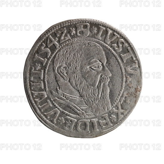 grosz, Straub (Strawb), Heinrich, R0 (rarity), Albrecht Hohenzollern (Prince of Prussia; 1490–1568) — iconography: eagles, Hohenzollern (coat of arms), male busts in armor. Obverse: Prussian eagle, on its chest the crowned letter S; in the rim between pearl-shaped borders an inscription beginning with a trefoil ALBER*D*G*MAR*BRAN*DVX*PRVSS. Reverse: male bust in armor in profile turned to the right; short hair, long beard with sideburns, dividing the inner border; in the rim between pearl-shaped borders an inscription beginning with the Hohenzollern shield *IVSTV, X*FIDE*VIVIT*I54Z*. 1542. Ducal Prussia (1525–1701), Königsberg. Coin: diameter 23.6 mm, weight 1.98 g, axis 130°.