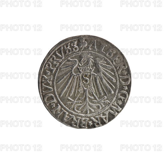 Obv. Prussian eagle, on his chest the crowned letter S. On the rim, between the pearl borders, an inscription beginning with a trefoil ALBER*D*G*MAR*BRAN*DVX*PRVSS. Rev. Male bust in armour in profile turned to the right; short hair, long beard with sideburns, separating the inner border. In the rim between the pearl borders an inscription starting with the Hohenzollern shield *IVSTVS*EX*FIDE*VIVIT*I54Z*. 1542. Ducal Prussia (1525–1701), Königsberg. Coin; diameter 23.5 mm; weight 1.88 g; axis 200°. Makers: Heinrich Straub (Strawb), Jan Szymonski (1887–1954). Icons: eagles, Hohenzollern coat of arms, male busts in armour.