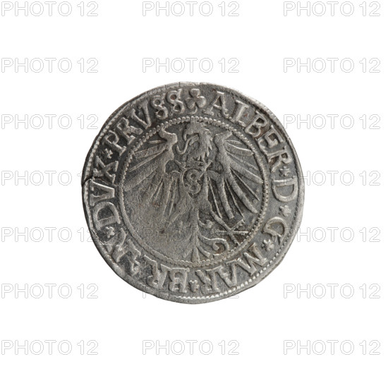 grosz, Straub (Strawb), Heinrich, R0 (rarity), eagles, Albrecht Hohenzollern (Prince of Prussia; 1490–1568) - iconography, Hohenzollern (coat of arms), male busts in armor. Obv.: Prussian eagle, on its chest the crowned letter S. In the rim, between the pearl-shaped borders, an inscription beginning with a trefoil ALBER*D*G*MAR*BRAN*DVX*PRVSS. Rev.: Male bust in armor in profile turned to the right; short hair, long beard with sideburns, dividing the inner border. In the rim, between the pearl-shaped borders, an inscription beginning with the Hohenzollern shield *IVSTVS*EX*FIDE*VIVIT*I54Z*. 1542, Ducal Prussia (1525–1701), Königsberg. Coin: diameter 23.8 mm, weight 1.93 g, axis 140°.