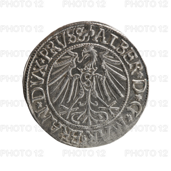 grosz, Straub (Strawb), Heinrich, R0 (rarity). Albrecht Hohenzollern (Prince of Prussia; 1490–1568) — iconography: eagles, Hohenzollern (coat of arms), male busts in armor. Obverse: Prussian eagle, on its chest the crowned letter S; in the rim between pearl-shaped borders an inscription beginning with a trefoil ALBER*D*G*MAR*BRAN*DVX*PRVSS. Reverse: male bust in armor in profile turned to the right; short hair, long beard with sideburns, dividing the inner border; in the rim between pearl-shaped borders an inscription beginning with the Hohenzollern shield *IVSTVS*EX*FIDE*VIVIT*I54Z*. Date: 1542. Place: Ducal Prussia (1525–1701), Königsberg. Coin: diameter 23.8 mm, weight 2.10 g, axis 340°.