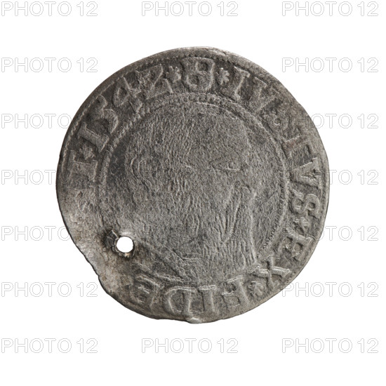 grosz; maker: Straub (Strawb), Heinrich; rarity R0; subject: Albrecht Hohenzollern (Prince of Prussia; 1490–1568) — iconography includes Hohenzollern coat of arms and male busts in armor. Obverse: Prussian eagle with crowned letter S on its chest; rim between pearl-shaped borders with inscription beginning with a trefoil ALBER*D*G*MAR*BRAN*DV. Reverse: male bust in armor in profile facing right; short hair, long beard with sideburns; inner border divided; rim between pearl-shaped borders with inscription beginning with the Hohenzollern shield *IVSTVS*EX*FIDE, T*I54Z*; date 1542. Issued in Ducal Prussia (1525–1701), Königsberg. Coin: diameter 23.0 mm, weight 1.65 g, axis 135°.