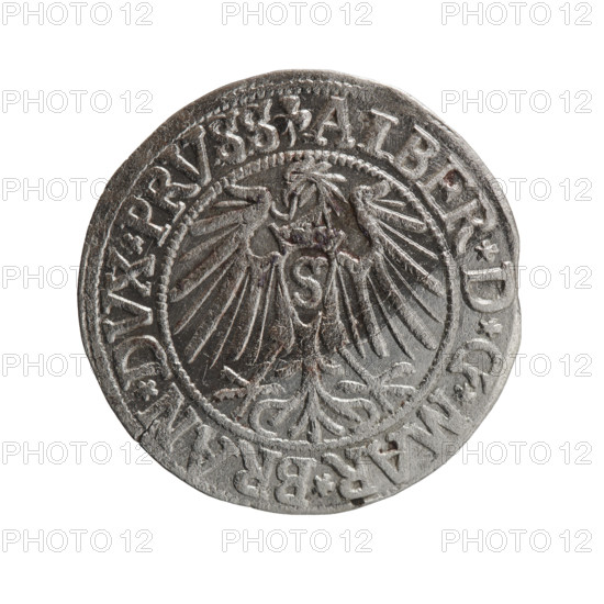 grosz, Straub (Strawb), Heinrich, R0 (rarity). Albrecht Hohenzollern (Prince of Prussia; 1490–1568) — iconography: Hohenzollern coat of arms, male busts in armor, eagles. Obverse: Prussian eagle, on its chest the crowned letter S; in the rim between pearl-shaped borders, inscription beginning with a trefoil ALBER*D*G*MAR*BRAN*DVX*PRVSS. Reverse: male bust in armor in profile turned to the right; short hair, long beard with sideburns, dividing the inner border; in the rim between pearl-shaped borders, inscription beginning with the Hohenzollern shield *IVSTVS*EX*FIDE*VIVIT*I54Z*. Dated 1542. Ducal Prussia (1525–1701), Königsberg. Coin: diameter 23.6 mm, weight 1.64 g, axis 90°.