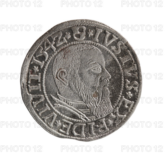 Straub (Strawb), Heinrich; R0 (rarity). Albrecht Hohenzollern (Prince of Prussia; 1490–1568) — iconography: Hohenzollern coat of arms, male busts in armor, eagles. Obverse: Prussian eagle, on his chest the crowned letter S; rim between pearl-shaped borders with inscription beginning with a trefoil 'ALBER*D*G*MAR*BRAN*DVX*PRVSS'. Reverse: male bust in armor in profile to the right; short hair, long beard with sideburns, inner border divided; rim between pearl-shaped borders with Hohenzollern shield and inscription beginning with '*IVSTVS*EX*FIDE*VIVIT*I54Z*'. 1542. Ducal Prussia (1525–1701), Königsberg. Coin: diameter 23.6 mm, weight 1.64 g, axis 90°.