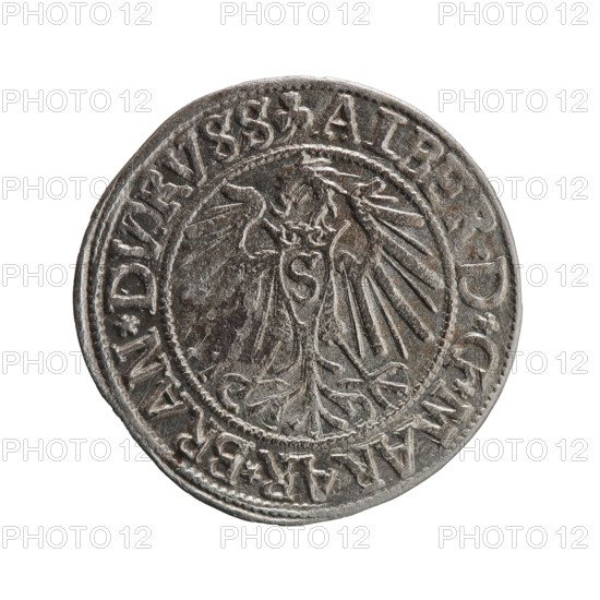 Heinrich Straub (Strawb) grosz, R0 (rarity). Obverse: Prussian eagle, on its chest the crowned letter S; rim between pearl-shaped borders with inscription beginning ALBER*D*G*MARAR*BRAN*DVRVSS. Reverse: Male bust in armor in profile to right; short hair, long beard with sideburns; rim between pearl-shaped borders with inscription beginning Hohenzollern shield *IVSTVS*EX*FIDE*VIVIT*I, Z*, dated 1542. Ducal Prussia (1525–1701), Königsberg. Coin: diameter 24.0 mm, weight 1.83 g, axis 200°.