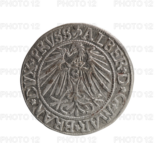 Albrecht Hohenzollern (Prince of Prussia; 1490–1568) — obverse: Prussian eagle, on its chest the crowned letter S; rim between pearl-shaped borders with an inscription beginning with a trefoil ALBER*D*G*MAR*BRAN*DVX*PRVSS. Reverse: male bust in armor in profile turned to the right; short hair, long beard with sideburns, inner border divided; rim between pearl-shaped borders with an inscription beginning with the Hohenzollern shield *IVSTVS*EX*FIDE*VIVIT*I543*. 1543. Ducal Prussia (1525–1701), Königsberg. Coin, diameter 23.2 mm, weight 1.83 g, axis 135°.