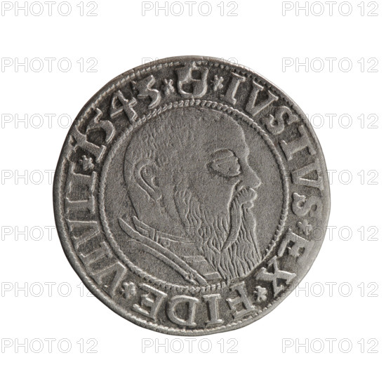 Albrecht Hohenzollern (Prince of Prussia; 1490–1568) — iconography: eagles, Hohenzollern coat of arms, male busts in armor. Obverse: Prussian eagle with crowned letter S on its chest; rim between pearl-shaped borders with inscription beginning with a trefoil ALBER*D*G*MAR*BRAN*DVX*PRVSS. Reverse: male bust in armor in profile facing right; short hair, long beard with sideburns, inner border divider; rim between pearl-shaped borders with inscription beginning with the Hohenzollern shield *IVSTVS*EX*FIDE*VIVIT*I543*. Date: 1543. Place: Ducal Prussia, Königsberg. Coin: diameter 23.2 mm, weight 1.83 g, axis 135°. Rarity: R0. Makers/attribution: grosz, Schilling, Maciej.
