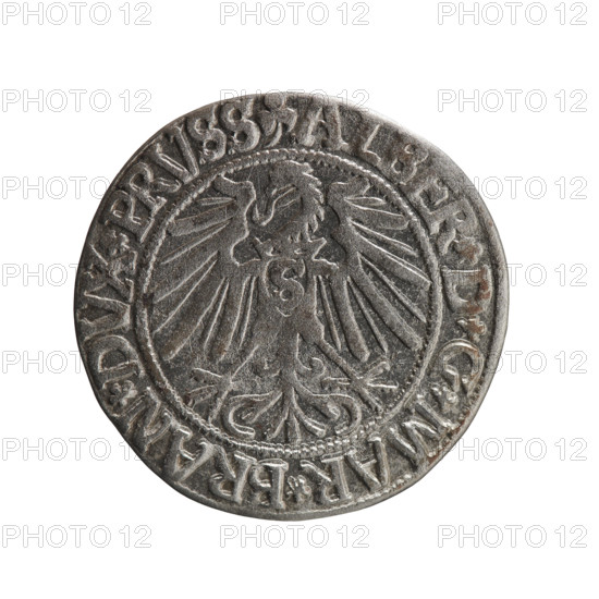 grosz, Schilling, Maciej, R0 (rarity), Albrecht Hohenzollern (Prince of Prussia; 1490–1568) — iconography: eagles, Hohenzollern (coat of arms), male busts in armor. Obv.: Prussian eagle, on its chest the crowned letter S; in the rim, between pearl-shaped borders, an inscription beginning with a trefoil ALBER*D*G*MAR*BRAN*DVX*PRVSS. Rev.: Male bust in armor in profile turned to the right; short hair, long beard with sideburns; in the rim, between pearl-shaped borders, an inscription beginning with the Hohenzollern shield *IVSTVS*EX*FIDE*VIVIT* I54*, 1543. Ducal Prussia (1525–1701), Königsberg; coin. Diameter 23.2 mm, weight 1.81 g, axis 90°.