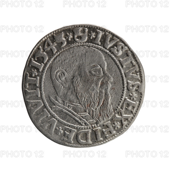 grosz, Schilling, Maciej, R0 (rarity), Albrecht Hohenzollern (Prince of Prussia; 1490–1568) - iconography, eagles, Hohenzollern (coat of arms), male busts in armor. Obv. Prussian eagle, on its chest the crowned letter S. In the rim, between the pearl-shaped borders, an inscription beginning with a trefoil ALBER*D*G*MAR*BRAN*DVX*PRVSS. Rev. Male bust in armor in profile turned to the right; short hair, long beard with sideburns, dividing the inner border. In the rim, between the pearl-shaped borders, an inscription beginning with the Hohenzollern shield *IVSTVS*EX*FIDE*VIVIT*I54. 1543, Ducal Prussia (1525–1701), Königsberg. Coin: diameter 23.2 mm, weight 1.81 g, axis 90 degrees