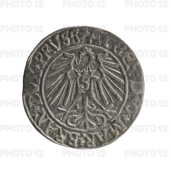 grosz, Schilling, Maciej, R0 (rarity), eagles, Albrecht Hohenzollern (Prince of Prussia; 1490-1568) - iconography, Hohenzollern (coat of arms), male busts in armor, Obv. Prussian eagle, on its chest the crowned letter S. In the rim, between the pearl-shaped borders, an inscription beginning with a trefoil ALBE, D*G*MAR*BRAN*DVX*PRVSS. Rw. Male bust in armor in profile turned to the right; short hair, long beard with sideburns, dividing the inner border. In the rim, between the pearl-shaped borders, an inscription beginning with the Hohenzollern shield *IVSTVS*EX*FIDE*VIVIT*I543*. 1543, Ducal Prussia (1525-1701), Königsberg, coin: diameter 23.4 mm, weight 1.90 g, axis 350 degrees