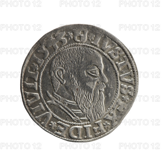grosz, Schilling, Maciej, R0 (rarity), eagles, Albrecht Hohenzollern (Prince of Prussia; 1490–1568) - iconography, Hohenzollern (coat of arms), male busts in armor. Obv.: Prussian eagle, on its chest the crowned letter S; in the rim, between pearl-shaped borders, an inscription beginning with a trefoil ALBE, D*G*MAR*BRAN*DVX*PRVSS. Rev.: male bust in armor in profile turned to the right; short hair, long beard with sideburns, dividing the inner border; in the rim, between pearl-shaped borders, an inscription beginning with the Hohenzollern shield *IVSTVS*EX*FIDE*VIVIT*I543*. 1543, Ducal Prussia (1525–1701), Königsberg. Coin: diameter 23.4 mm, weight 1.90 g, axis 350°.