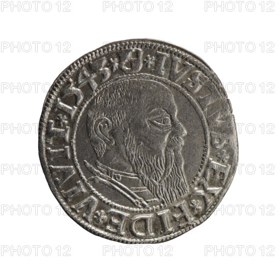 grosz, Schilling, Maciej, R0 (rarity), eagles, Albrecht Hohenzollern (Prince of Prussia; 1490-1568) - iconography, Hohenzollern (coat of arms), male busts in armour, Obv. Prussian eagle, on his chest the crowned letter S. In the rim, between the pearl borders, an inscription beginning with a trefoil ALBER*D*G*MAR*BRAN*DVX*PRVS Rev. Male bust in armour in profile turned to the right; short hair, long beard with sideburns, separating the inner border. On the rim between the pearl borders an inscription starting with the Hohenzollern shield *IVSTVS*EX*FIDE*VIVIT*I543* , 1543, Ducal Prussia (1525-1701), Königsberg, coin, coin: diameter 23.6 mm, weight 1.97 g, axis 45 degrees.