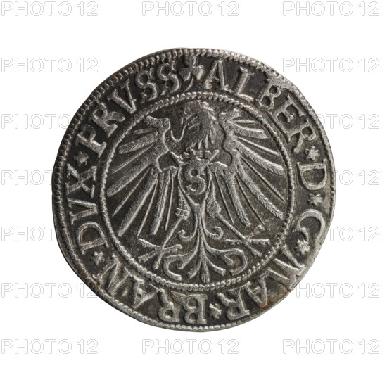 Albrecht Hohenzollern (Prince of Prussia; 1490–1568) — iconography: eagles, Hohenzollern (coat of arms), male busts in armor. Obverse: Prussian eagle, on its chest the crowned letter S; in the rim between pearl-shaped borders an inscription beginning with a trefoil: ALBER*D*G*MAR*BRAN*DVX*PRVSS. Reverse: male bust in armor in profile turned to the right; short hair, long beard with sideburns, dividing the inner border; in the rim between pearl-shaped borders an inscription beginning with the Hohenzollern shield: *IVSTVS*EX*FIDE*VIVIT*I543*. 1543, Ducal Prussia (1525–1701), Königsberg. Coin: diameter 23.9 mm, weight 1.92 g, axis 135°.