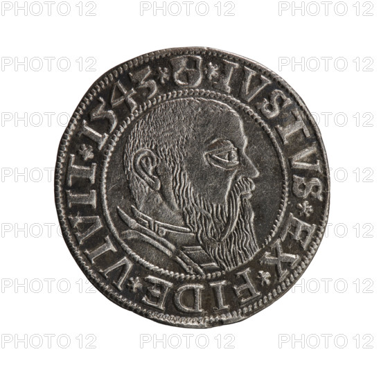 grosz, Schilling, Maciej, R0 (rarity), Albrecht Hohenzollern (Prince of Prussia; 1490–1568) — iconography: eagles, Hohenzollern (coat of arms), male busts in armor. Obv.: Prussian eagle, on its chest the crowned letter S; in the rim, between pearl-shaped borders, an inscription beginning with a trefoil ALBER*D*G*MAR*BRAN*DVX*PRVSS. Rev.: male bust in armor in profile turned to the right; short hair, long beard with sideburns, dividing the inner border; in the rim, between pearl-shaped borders, an inscription beginning with the Hohenzollern shield *IVSTVS*EX*FIDE*VIVIT*I543*. Dated 1543. Ducal Prussia (1525–1701), Königsberg. Coin: diameter 23.9 mm, weight 1.92 g, axis 135°.