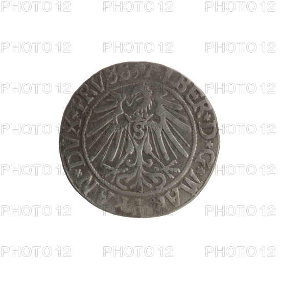 grosz, Schilling, Maciej, R0 (rarity); eagles; Albrecht Hohenzollern (Prince of Prussia; 1490–1568) — iconography; trefoils; hoard from the village of Wsola (numismatic context); Hohenzollern (coat of arms); male busts in armor. Obverse: Prussian eagle, on its chest the crowned letter S; in the rim, between the pearl-shaped borders, an inscription beginning with a trefoil ALBER*D*G*MAR, AN*DVX*PRVSS. Reverse: male bust in armor in profile turned to the right; short hair, long beard with sideburns, dividing the inner border; in the rim, between the pearl-shaped borders, an inscription beginning with the Hohenzollern shield *, TVS*EX*FIDE*VIVIT*I543*. Date: 1543. Place: Ducal Prussia (1525–1701), Königsberg. Coin: diameter 22.6 mm, weight 1.86 g, axis 150°.
