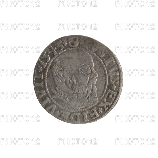 grosz; Schilling, Maciej; R0 (rarity). Obverse: Prussian eagle, on its chest the crowned letter S; in the rim between pearl-shaped borders an inscription beginning with a trefoil ALBER*D*G*MAR, AN*DVX*PRVSS. Reverse: male bust in armor in profile turned to the right; short hair, long beard with sideburns, dividing the inner border; in the rim between pearl-shaped borders an inscription beginning with the Hohenzollern shield *, TVS*EX*FIDE*VIVIT*I543*. Date: 1543. Iconography: eagles, trefoils, Hohenzollern coat of arms, male busts in armor. Historical attribution: Albrecht Hohenzollern (Prince/Duke of Prussia; 1490–1568). Issued in Ducal Prussia (1525–1701), Königsberg. Type: coin (grosz); diameter 22.6 mm; weight 1.86 g; axis 150°. Hoard find: from the village of Wsola (numismatic).