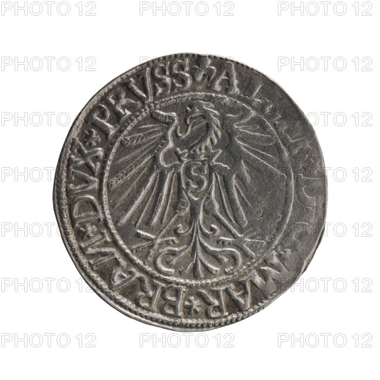 grosz, Schilling, Maciej, R0 (rarity), eagles, Albrecht Hohenzollern (Prince of Prussia; 1490–1568) - iconography, Hohenzollern (coat of arms), male busts in armor, Obv. Prussian eagle, on its chest the crowned letter S. In the rim, between the pearl-shaped borders, an inscription beginning with a trefoil A, MAR*BRAN*DVX*PRVSS Rev. Male bust in armor in profile turned to the right; short hair, long beard with sideburns, dividing the inner border. In the rim, between the pearl-shaped borders, an inscription beginning with the Hohenzollern shield *IVSTVS*EX*FIDE*VIVIT*I543*, 1543, Ducal Prussia (1525–1701), Königsberg, coin, diameter 23.4 mm, weight 1.99 g, axis 225 degrees.