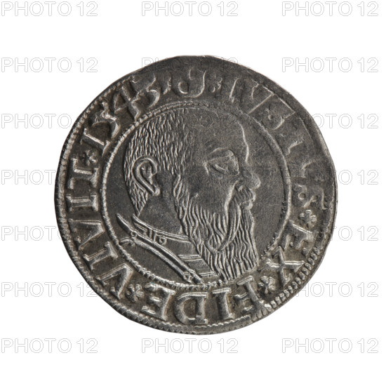 Grosz; Schilling, Maciej; R0 (rarity). Obverse: Prussian eagle, on its chest the crowned letter S; in the rim between pearl-shaped borders an inscription beginning with a trefoil A, 'MAR*BRAN*DVX*PRVSS'. Reverse: male bust in armor in profile facing right; short hair, long beard with sideburns; in the rim between pearl-shaped borders an inscription beginning with the Hohenzollern shield, '*IVSTVS*EX*FIDE*VIVIT*I543*'. Albrecht Hohenzollern (Prince of Prussia; 1490–1568) — iconography. Dated 1543. Ducal Prussia (1525–1701), Königsberg. Coin; diameter 23.4 mm; weight 1.99 g; axis 225°.
