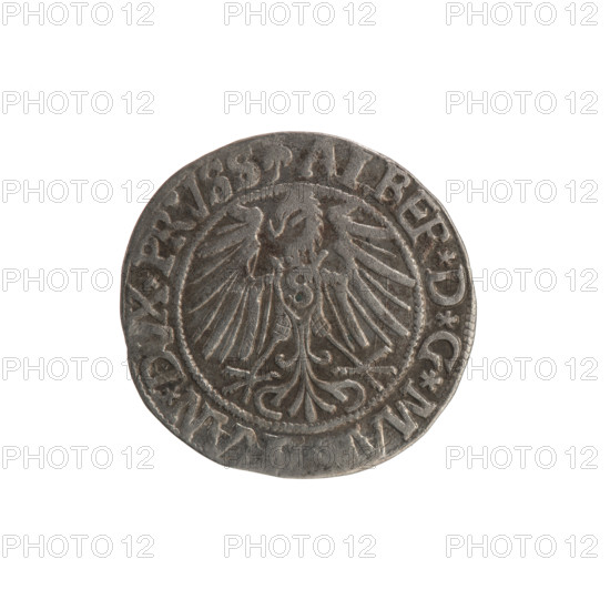 grosz, Schilling, Maciej, R0 (rarity). Albrecht Hohenzollern (Prince of Prussia; 1490–1568) — iconography: eagles, Hohenzollern coat of arms, trefoils, male busts in armor; treasure from the village of Wsola (numismatic find). Obverse: Prussian eagle, on its chest the crowned letter S; in the rim between pearl-shaped borders, an inscription beginning with a trefoil ALBER*D*G*MA, AN*DVX*PRVSS. Reverse: male bust in armor in profile turned to the right; short hair, long beard with sideburns, dividing the inner border; in the rim between pearl-shaped borders, an inscription beginning with the Hohenzollern shield *IVS, EX*FIDE*VIVIT*I543*. Date: 1543. Issued in Ducal Prussia (1525–1701), Königsberg. Coin: diameter 23.3 mm, weight 1.98 g, axis 135°.