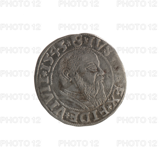 grosz, Schilling, Maciej, R0 (rarity). Albrecht Hohenzollern (Prince of Prussia; 1490–1568) — iconography: eagles, Hohenzollern coat of arms, trefoils, male busts in armor; treasure from the village of Wsola (numismatic context). Obv.: Prussian eagle with crowned letter S on its chest; in the rim between pearl-shaped borders an inscription beginning with a trefoil ALBER*D*G*MA, AN*DVX*PRVSS. Rev.: male bust in armor in profile turned to the right; short hair, long beard with sideburns, dividing the inner border; in the rim between pearl-shaped borders an inscription beginning with the Hohenzollern shield *IVS, EX*FIDE*VIVIT*I543*. Date: 1543. Place: Ducal Prussia (1525–1701), Königsberg. Coin: diameter 23.3 mm, weight 1.98 g, axis 135°.