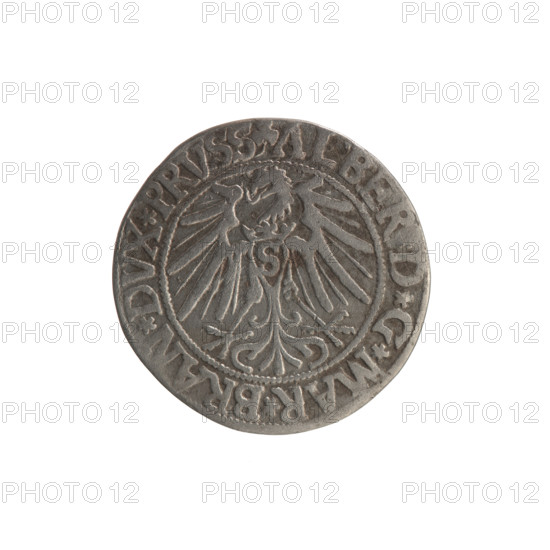 grosz; Schilling, Maciej; R0 (rarity). Hoard from the village of Wsola (numismatic find). Subject: Prussian grosz (1543). Obverse: Prussian eagle, on its chest the crowned letter S; in the rim between pearl-shaped borders an inscription beginning with a trefoil ALBER, D*G*MAR*BRAN*DVX*PRVSS. Reverse: male bust in armor in profile turned to the right; short hair, long beard with sideburns, dividing the inner border; in the rim between pearl-shaped borders an inscription beginning with the Hohenzollern shield *IVSTVS*EX*FIDE*VIVIT*I543*. Iconography: eagles, Hohenzollern coat of arms, trefoils, male busts in armor; Albrecht Hohenzollern (Prince of Prussia; 1490–1568). Date: 1543. Place: Ducal Prussia, Königsberg. Object type and measurements: coin (grosz), diameter 22.9 mm, weight 1.84 g, axis 315°.