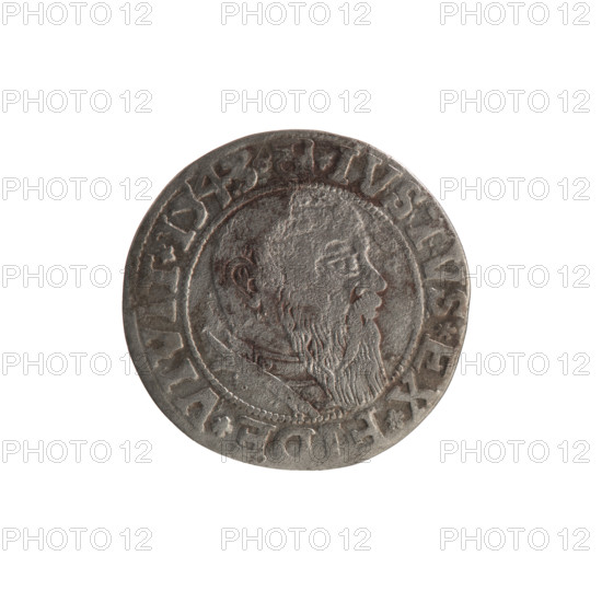 grosz, Schilling, Maciej, R0 (rarity); eagles; Albrecht Hohenzollern (Prince of Prussia; 1490–1568) — iconography; hoard from the village of Wsola (numismatic find); Hohenzollern (coat of arms); trefoils; male busts in armor. Obverse: Prussian eagle, on its chest the crowned letter S; in the rim between pearl-shaped borders an inscription beginning with a trefoil ALBER, D*G*MAR*BRAN*DVX*PRVSS. Reverse: male bust in armor in profile to the right; short hair, long beard with sideburns, dividing the inner border; in the rim between pearl-shaped borders an inscription beginning with the Hohenzollern shield *IVSTVS*EX*FIDE*VIVIT* I543*. 1543. Ducal Prussia (1525–1701), Königsberg. Coin: diameter 22.9 mm, weight 1.84 g, axis 315°.