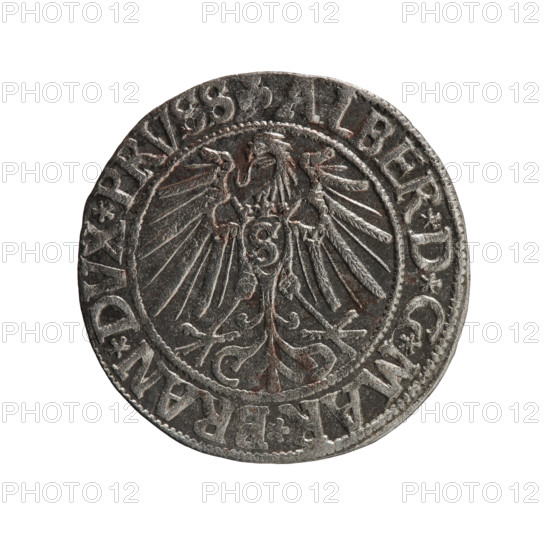 grosz, Schilling, Maciej, R0 (rarity), eagles, Albrecht Hohenzollern (Prince of Prussia; 1490–1568) - iconography, male busts in armor, Hohenzollern (coat of arms). Obv.: Prussian eagle, on his chest the crowned letter S. In the rim, between the pearl-shaped borders, an inscription beginning with a trefoil ALBER*D*G*MAR*, RAN*DVX*PRVSS. Rev.: Male bust in armor in profile turned to the right; short hair, long beard with sideburns, dividing the inner border. In the rim, between the pearl-shaped borders, an inscription beginning with the Hohenzollern shield *IVSTVS*EX*FIDE*VIVIT* I543*. 1543, Ducal Prussia (1525–1701), Königsberg. Coin: diameter 23.3 mm, weight 1.96 g, axis 45 degrees.