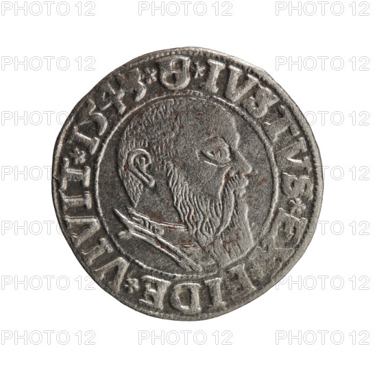 grosz, Schilling, Maciej, R0 (rarity), eagles, Albrecht Hohenzollern (Prince of Prussia; 1490-1568) - iconography, male busts in armor, Hohenzollern (coat of arms). Obv.: Prussian eagle, on his chest the crowned letter S. In the rim, between the pearl-shaped borders, an inscription beginning with a trefoil ALBER*D*G*MAR*, RAN*DVX*PRVSS. Rev.: Male bust in armor in profile turned to the right; short hair, long beard with sideburns, dividing the inner border. In the rim, between the pearl-shaped borders, an inscription beginning with the Hohenzollern shield *IVSTVS*EX*FIDE*VIVIT*I543*. 1543, Ducal Prussia (1525–1701), Königsberg. Coin: diameter 23.3 mm, weight 1.96 g, axis 45°.