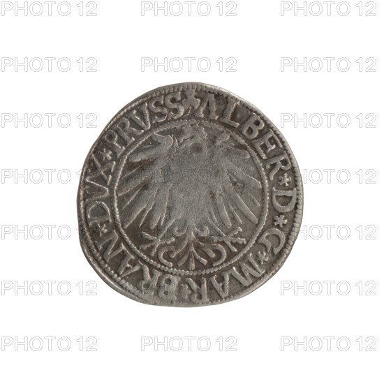 grosz, Schilling, Maciej, R0 (rarity); eagles; Albrecht Hohenzollern (Prince of Prussia; 1490–1568) — iconography; hoard from the village of Wsola (numismatic find); trefoils; Hohenzollern (coat of arms); male busts in armor. Obverse: Prussian eagle, on its chest the crowned letter S; in the rim, between pearl-shaped borders, inscription beginning with a trefoil ALBER*D*G*MAR*BRAN*DVX*PRVSS. Reverse: male bust in armor in profile to the right; short hair, long beard with sideburns, dividing the inner border; in the rim, between pearl-shaped borders, inscription beginning with the Hohenzollern shield *IVSTVS*EX*FIDE*VIVIT*I543* (1543). Date: 1543. Place/style: Ducal Prussia (1525–1701), Königsberg. Coin: diameter 23.8 mm, weight 1.92 g, axis 135°.
