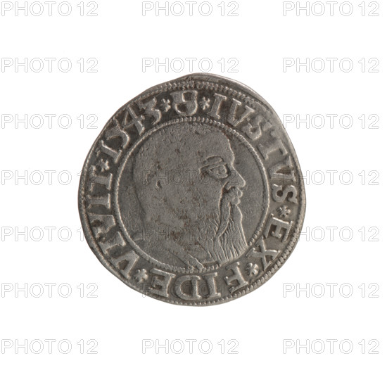 grosz, Schilling, Maciej, R0 (rarity), eagles, Albrecht Hohenzollern (Prince of Prussia; 1490–1568) - iconography, hoard from the village of Wsola (numism.), trefoils, Hohenzollern (coat of arms), male busts in armor. Obv.: Prussian eagle, on its chest the crowned letter S; in the rim, between pearl-shaped borders, inscription beginning with a trefoil ALBER*D*G*MAR*BRAN*DVX*PRVSS. Rev.: Male bust in armor in profile to the right; short hair, long beard with sideburns, dividing the inner border; in the rim, between pearl-shaped borders, inscription beginning with the Hohenzollern shield *IVSTVS*EX*FIDE*VIVIT*I543*. 1543, Ducal Prussia (1525–1701), Königsberg; coin: diameter 23.8 mm, weight 1.92 g, axis 135°.