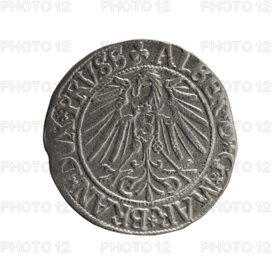 Albrecht Hohenzollern (Prince of Prussia; 1490–1568) — grosz, Schilling, Maciej; R0 (rarity). Ducal Prussia (1525–1701), Königsberg, 1543. Coin (grosz): diameter 23.0 mm, weight 2.01 g, axis 270°. Obv.: Prussian eagle, on its chest the crowned letter S; in rim between pearl-shaped borders an inscription beginning with a trefoil ALBE *G*MAR*BRAN*DVX*PRVSS. Rev.: male bust in armor in profile to the right; short hair, long beard with sideburns, dividing the inner border; in rim between pearl-shaped borders an inscription beginning with the Hohenzollern shield *IVSTVS*EX*F, *VIVIT*I54. Iconography: eagles, Hohenzollern coat of arms, male busts in armor; inscription dated 1543.