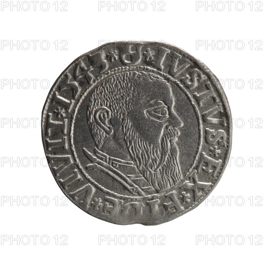 Albrecht Hohenzollern (Prince of Prussia; 1490–1568) — coin (Ducal Prussia, Königsberg, 1543). Obverse: Prussian eagle; on its chest the crowned letter S. Rim between pearl-shaped borders with inscription beginning with a trefoil ALBE, *G*MAR*BRAN*DVX*PRVSS. Reverse: male bust in armor in profile to the right; short hair, long beard with sideburns, dividing the inner border. Rim between pearl-shaped borders with inscription beginning with the Hohenzollern shield *IVSTVS*EX*F, *VIVIT*I54. Coin diameter 23.0 mm, weight 2.01 g, axis 270°. Iconography: eagles, Hohenzollern coat of arms, male busts in armor. Rarity R0.