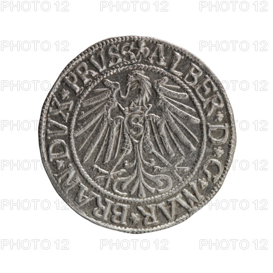 grosz, Schilling, Maciej, R0 (rarity), Albrecht Hohenzollern (Prince of Prussia; 1490-1568) - iconography, eagles, Hohenzollern (coat of arms), male busts in armor. Obv. Prussian eagle, on its chest the crowned letter S. In the rim, between the pearl-shaped borders, an inscription beginning with a trefoil ALBER*D*G*MAR*BRAN*DVX*PRVSS. Rev. Male bust in armor in profile turned to the right; short hair, long beard with sideburns, dividing the inner border. In the rim, between the pearl-shaped borders, an inscription beginning with the Hohenzollern shield *IVSTVS*EX*FIDE*VIVIT* I543*. 1543, Ducal Prussia (1525–1701), Königsberg. Coin: diameter 23.3 mm, weight 1.94 g, axis 45 degrees.