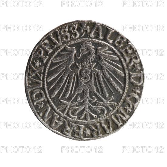 Obverse: Prussian eagle, on its chest the crowned letter S. On the rim, between the pearl borders, an inscription beginning with a trefoil ALBER*D*G*MAR*BRAN*DVX*PRVSS. Reverse: Male bust in armour in profile turned to the right; short hair, long beard with sideburns, separating the inner border. In the rim between the pearl borders an inscription starting with the Hohenzollern shield *IVSTVS*EX*FIDE*VIVIT*I543*. 1543. Maker: Jan Szymonski (1887–1954)? Materials/style: coin; Ducal Prussia (1525–1701), Königsberg. Coin: diameter 23.1 mm, weight 2.04 g, axis 90 degrees. Iconography: Albrecht Hohenzollern (Prince of Prussia; 1490–1568) — Hohenzollern coat of arms, eagles, male busts in armour.