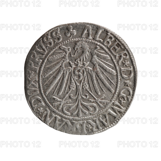 Schilling, Maciej; Szymonski, Jan (1887–1954). Albrecht Hohenzollern (Prince of Prussia; 1490–1568) — iconography: eagles, male busts in armour, Hohenzollern coat of arms. Obverse: Prussian eagle, on his chest the crowned letter S; on the rim, between pearl borders, inscription beginning with a trefoil ALBER*D*G*MAR*BRAN*DVX*PRVSS. Reverse: male bust in armour in profile turned to the right; short hair, long beard with sideburns, separating the inner border; on the rim between pearl borders an inscription starting with the Hohenzollern shield *IVSTVS*EX*FIDE*VIVIT*I543*. 1543. Ducal Prussia (1525–1701), Königsberg. Coin; diameter 23.0 mm, weight 1.99 g, axis 220°.