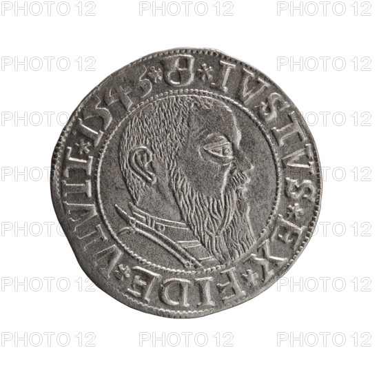 grosz; Schilling, Maciej; Szymonski, Jan (1887–1954). Obv.: Prussian eagle, on its chest the crowned letter S. On the rim, between the pearl borders, an inscription beginning with a trefoil ALBER*D*G*MAR*BRAN*DVX*PRVSS. Rev.: Male bust in armour in profile turned to the right; short hair, long beard with sideburns, separating the inner border. In the rim between the pearl borders an inscription starting with the Hohenzollern shield *IVSTVS*EX*FIDE*VIVIT* I543*. 1543. Ducal Prussia (1525–1701), Königsberg. Coin; diameter 23.0 mm; weight 1.99 g; axis 220°.
