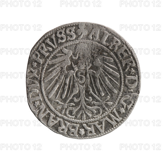 Albrecht Hohenzollern (Prince of Prussia; 1490–1568) — obverse: Prussian eagle with crowned letter S on its chest; rim inscription beginning with a trefoil ALBER*D, G*MAR*BRAN*DVX*PRVSS. Reverse: male bust in armor in profile turned to the right; short hair, long beard with sideburns; rim inscription beginning with the Hohenzollern shield *IVSTVS*EX*FIDE*VIVIT*I543*; dated 1543. Ducal Prussia (1525–1701), Königsberg. Coin; diameter 23.1 mm; weight 1.67 g; axis 190°. Icons: eagles, Hohenzollern coat of arms, male busts in armor. Maker: grosz, Schilling, Maciej; R0 (rarity).