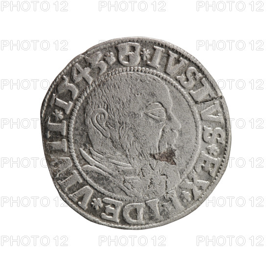 grosz, Schilling, Maciej, R0 (rarity), Albrecht Hohenzollern (Prince of Prussia; 1490–1568) — iconography: eagles, Hohenzollern coat of arms, male busts in armor. Obverse: Prussian eagle, on its chest the crowned letter S; in the rim, between pearl-shaped borders, an inscription beginning with a trefoil ALBER*D, G*MAR*BRAN*DVX*PRVSS. Reverse: male bust in armor in profile turned to the right; short hair, long beard with sideburns, dividing the inner border; in the rim, between pearl-shaped borders, an inscription beginning with the Hohenzollern shield *IVSTVS*EX*FIDE*VIVIT*I543*. Date: 1543. Place/style: Ducal Prussia (1525–1701), Königsberg. Medium/object: coin. Dimensions: diameter 23.1 mm, weight 1.67 g, axis 190°.