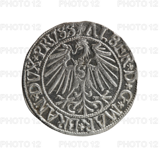 grosz, Schilling, Maciej, R0 (rarity), Albrecht Hohenzollern (Prince of Prussia; 1490–1568) — iconography: eagles, Hohenzollern (coat of arms), male busts in armor. Obverse: Prussian eagle, on its chest the crowned letter S; in the rim, between pearl-shaped borders, an inscription beginning with a trefoil ALBER*D*G*MAR*BRAN*DVX*PRVSS. Reverse: male bust in armor in profile facing right; short hair, long beard with sideburns, dividing the inner border; in the rim, between pearl-shaped borders, an inscription beginning with the Hohenzollern shield *IVSTVS*EX*FIDE*VIVIT*I543*. 1543. Ducal Prussia (1525–1701), Königsberg. Coin: diameter 23.3 mm, weight 1.95 g, axis 100°.