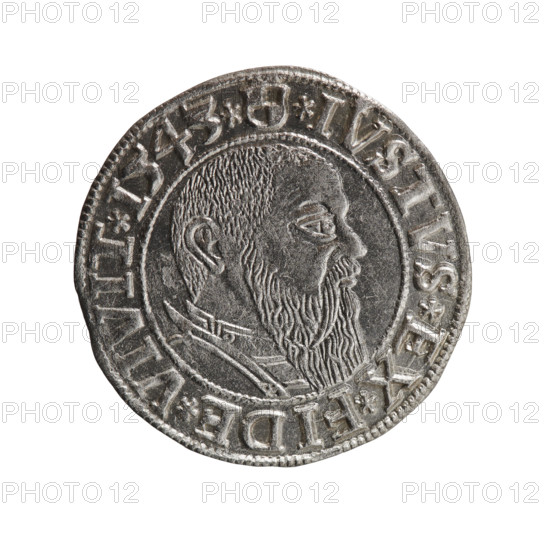 Albrecht Hohenzollern (Prince of Prussia; 1490–1568) — grosz (Schilling, Maciej), R0 (rarity). Ducal Prussia, Königsberg, 1543. Coin (diameter 23.3 mm, weight 1.95 g, axis 100°). Obverse: Prussian eagle, on its chest the crowned letter S; rim between pearl-shaped borders with inscription beginning with a trefoil: ALBER*D*G*MAR*BRAN*DVX*PRVSS. Reverse: male bust in armor in profile to the right; short hair, long beard with sideburns, dividing the inner border; rim between pearl-shaped borders with inscription beginning with the Hohenzollern shield: *IVSTVS*EX*FIDE*VIVIT*I543*. Icons: eagles, Hohenzollern coat of arms, male busts in armor.