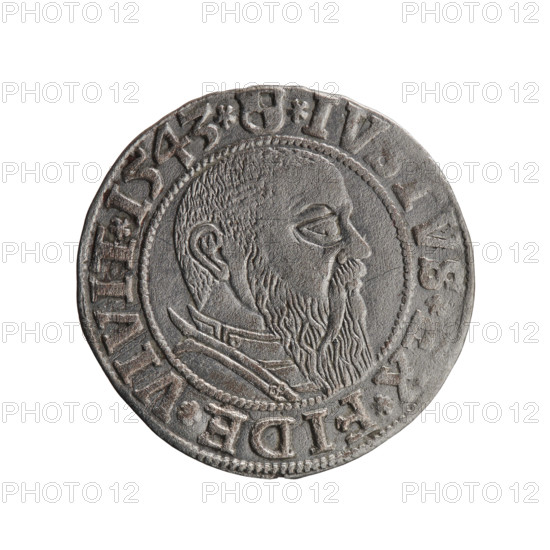 grosz, Schilling, Maciej, R0 (rarity), eagles, Albrecht Hohenzollern (Prince of Prussia; 1490–1568) - iconography, male busts in armor, Hohenzollern (coat of arms), Obv. Prussian eagle, on its chest the crowned letter S. On the rim, between the pearl-shaped borders, an inscription beginning with a trefoil, LBER*D*G*MAR*BRAN*DVX, RVSS. Reverse: Male bust in armor in profile turned to the right; short hair, long beard with sideburns, dividing the inner border. On the rim, between the pearl-shaped borders, an inscription beginning with the Hohenzollern shield *IV, TVS, X*FIDE*VIVIT*I543*. 1543, Ducal Prussia (1525–1701), Königsberg. Coin: diameter 23.2 mm, weight 1.97 g, axis 315°