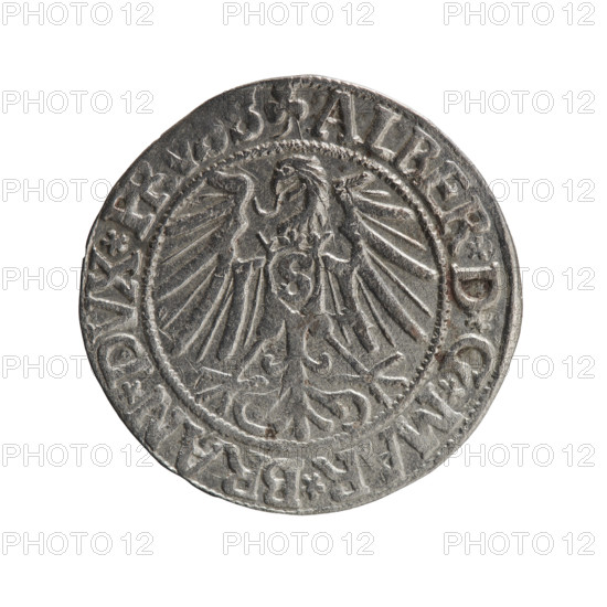 grosz, Schilling, Maciej, R0 (rarity), Albrecht Hohenzollern (Prince of Prussia; 1490–1568) — iconography: eagles, Hohenzollern (coat of arms), male busts in armor. Obv.: Prussian eagle, on his chest the crowned letter S; in the rim, between pearl-shaped borders, an inscription beginning with a trefoil, *D*G*MAR*BRAN*DVX*PRVSS. Rev.: Male bust in armor in profile turned to the right; short hair, long beard with sideburns, dividing the inner border; in the rim, between pearl-shaped borders, an inscription beginning with the Hohenzollern shield *IVSTVS*EX*FIDE*VIVIT*I543*. 1543, Ducal Prussia (1525–1701), Königsberg. Coin: diameter 23.3 mm, weight 1.70 g, axis 170°.