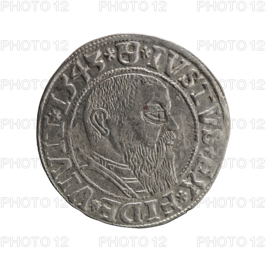 Albrecht Hohenzollern (Prince of Prussia; 1490–1568) — obverse: Prussian eagle, on its chest the crowned letter S; in the rim between pearl-shaped borders an inscription beginning with a trefoil, *D*G*MAR*BRAN*DVX*PRVSS. Reverse: male bust in armor in profile turned to the right; short hair, long beard with sideburns; in the rim between pearl-shaped borders an inscription beginning with the Hohenzollern shield *IVSTVS*EX*FIDE*VIVIT*I543*. 1543. Ducal Prussia (1525–1701), Königsberg. Coin; diameter 23.3 mm, weight 1.70 g, axis 170°. Icons: eagles, Hohenzollern coat of arms, male busts in armor. Makers/attribution: grosz, Schilling, Maciej; rarity R0 (rarity).